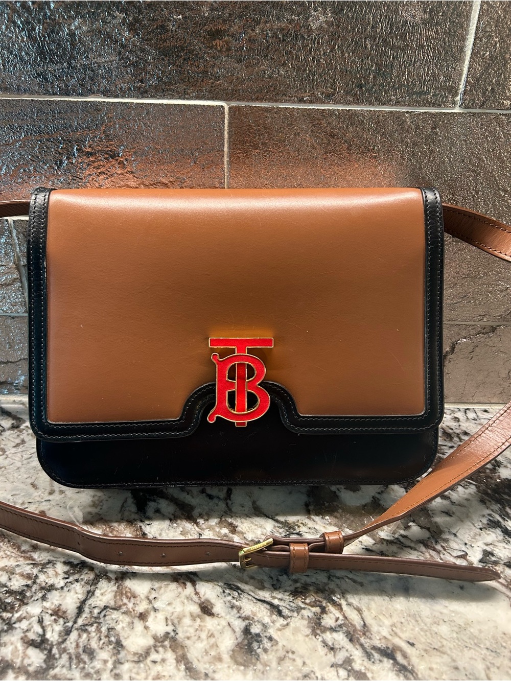 Burberry Two-Tone Brown and Black Leather Crossbody with Red TB Logo EUC